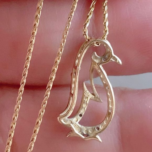 14k Solid Yellow Gold Chain with 10K Diamond penguin Pendant Necklace Set - Picture 3 of 6